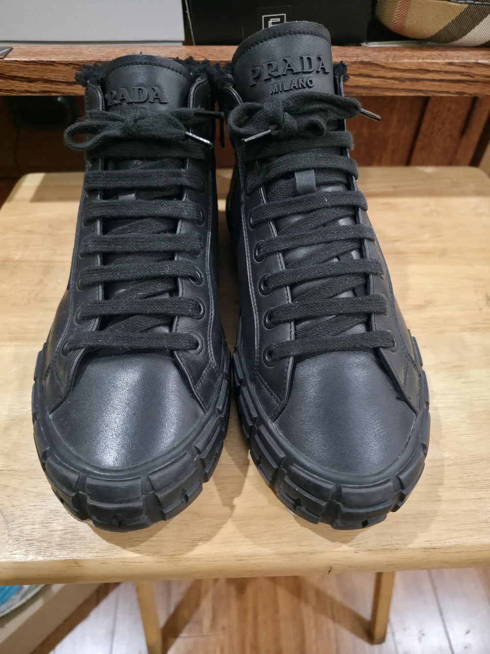 Prada Black Leather High-Top Sneakers with Rugged Sole - Picture 3 of 8